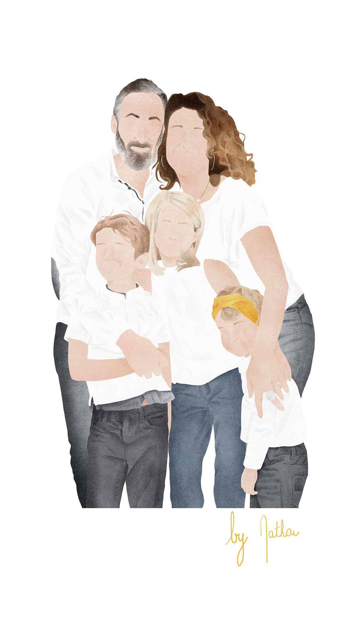 Illustration numérique d'une famille avec les 2 parents et leurs 3 enfants