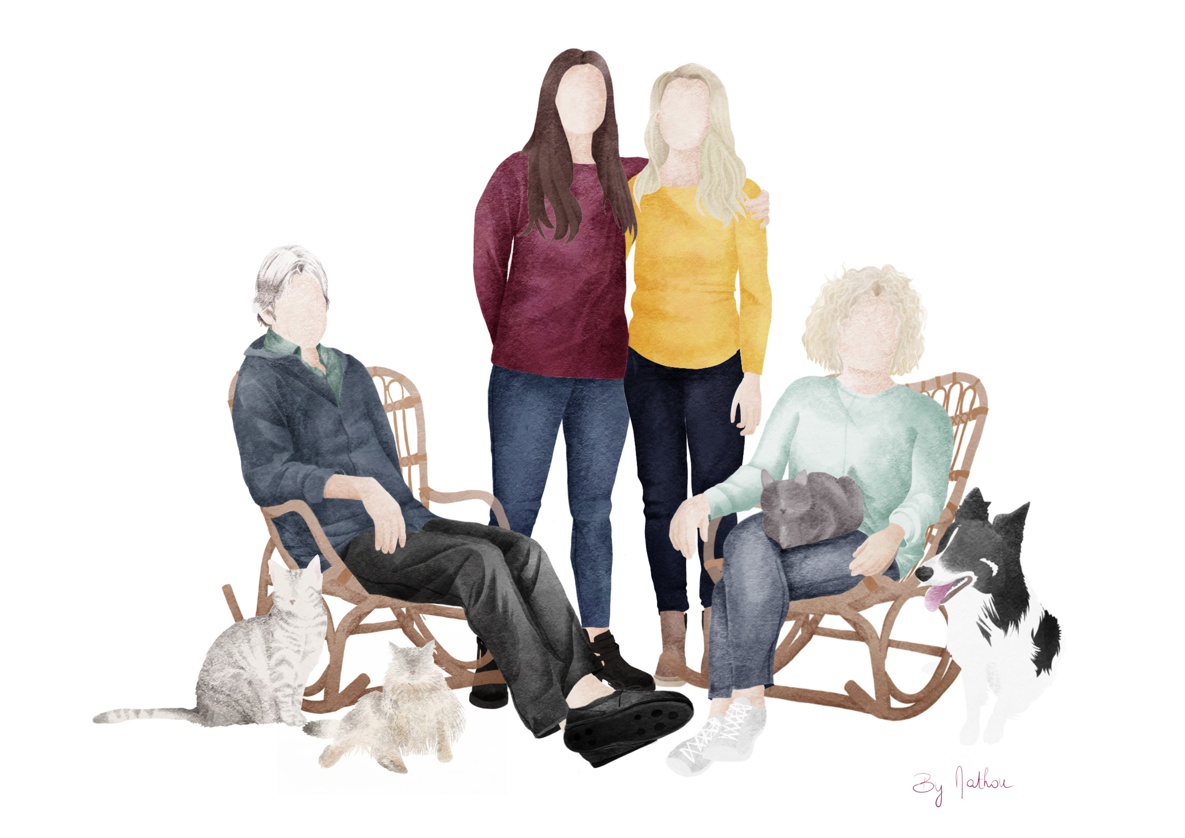 Illustration numérque d'une famille avec parents assis dans rocking chair et leurs animaux
